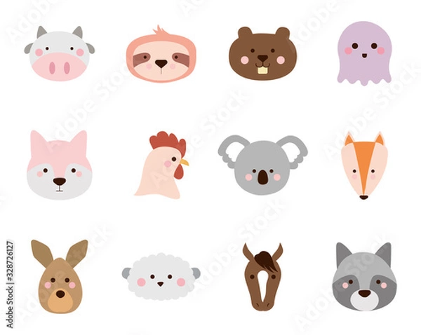 Obraz Cute animals cartoons flat style icon set vector design