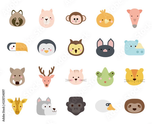 Obraz Cute animals cartoons flat style icon set vector design