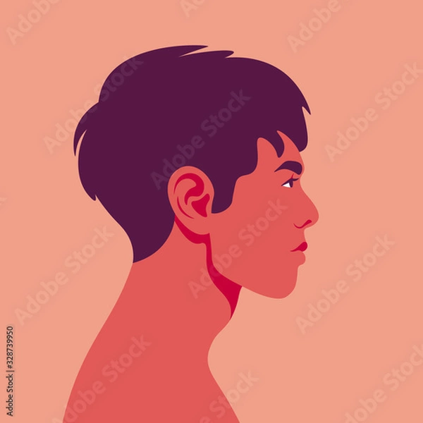 Obraz Portrait of an Asian guy. Profile of a young man on summer vacation. Resorts and beaches. Vector illustration in flat style.