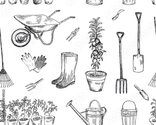 Obraz Gardening seamless pattern. Vector sketches hand drawn