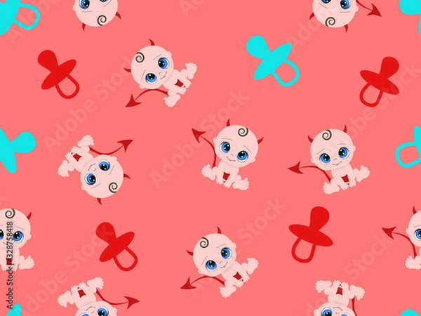 Fototapeta Sitting infant in diaper with devil horns and tail on pink background.