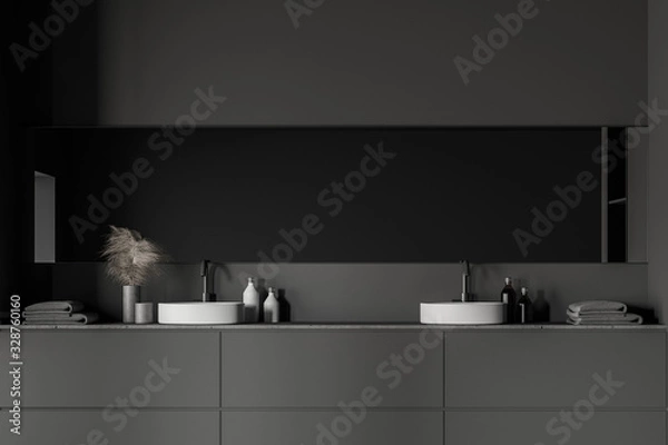 Fototapeta Close up of double sink in gray bathroom