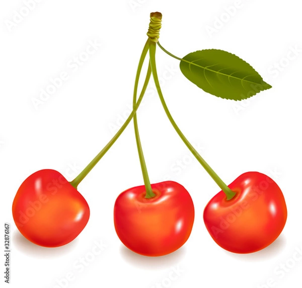 Fototapeta Three cherries with leaf isolated on a white background.