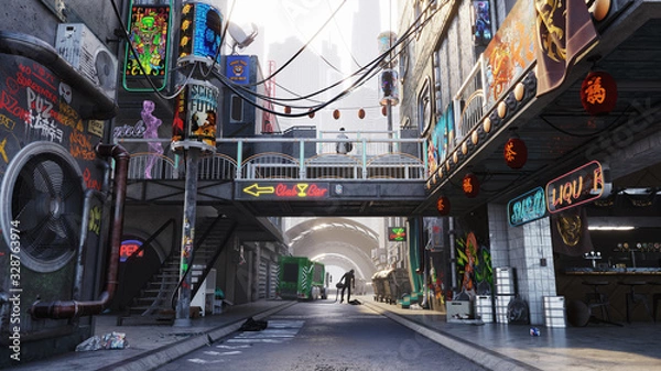 Obraz Cyberpunk city concept, alley street, daytime 3D Rendering