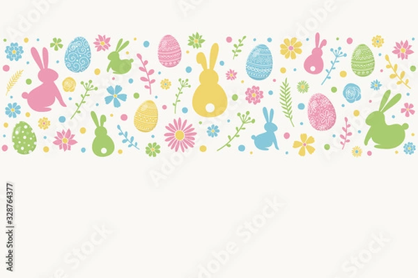 Obraz Easter background with colourful eggs, bunnies and flowers. Vector