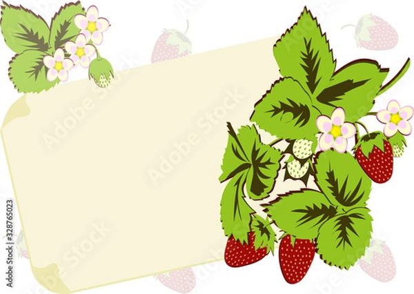 Fototapeta Vector illustration in flat style. Composition of strawberry branches with leaves, flowers and berries. In the center of the composition is a sheet of paper on wich you can place your text or photo. 