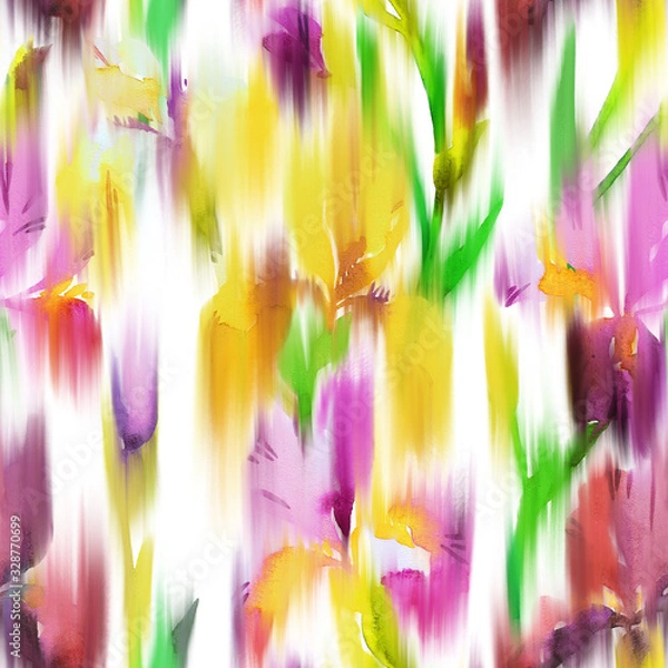 Obraz Seamless pattern made of blurred Iris flowers. Summer floral background. Trendy flow abstract style. Watercolor painted flowers. Distorted dreamy florals ornament.