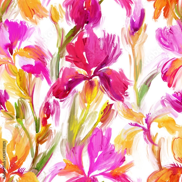 Obraz Hand drawn watercolor floral seamless pattern. Bright botanical illustration with blooming painted iris flowers. Summer background with brush strokes texture. Impressionist flower painting.