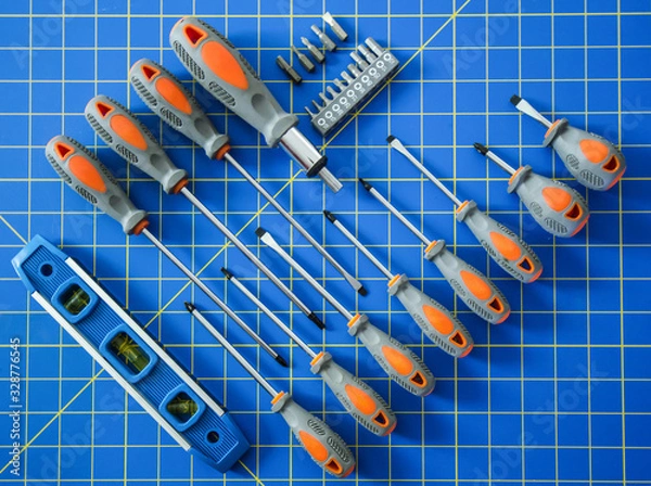 Obraz Screwdriver Set on Blue Stationary Mat