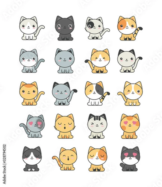 Fototapeta set of cute cats on white background