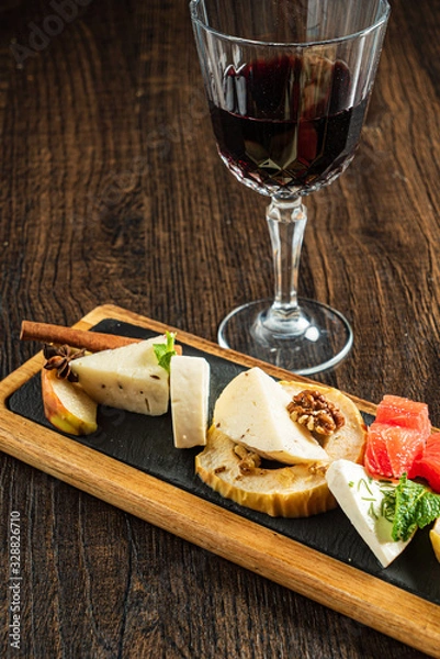 Fototapeta cheese table and red wine