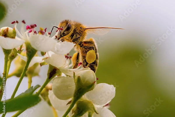 Fototapeta Close-up of a heavily loaded bee on a white flower on a sunny meadow