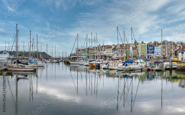 Fototapeta View across Sutton Harbour towards the Historic Barbican in Plymouth, Devon.