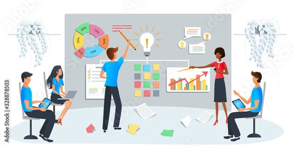 Fototapeta Vector modern illustration of business workshop, training. Team brainstorming the idea at workshop event. Startup new business project. Data analysis, employee studying company analytics