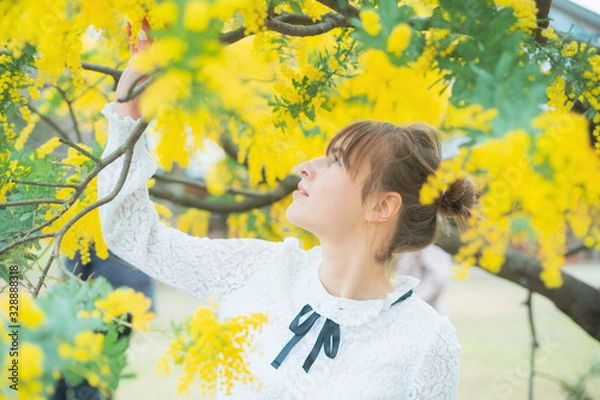 Fototapeta ミモザを鑑賞する女性