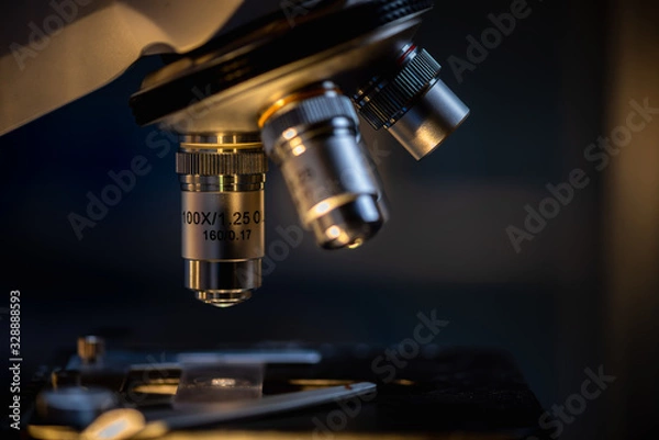 Fototapeta Closeup of Scientific microscope data analysis in the laboratory