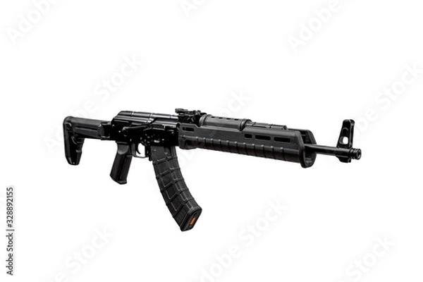 Fototapeta Automatic carbine isolate on white back. Weapons for police, army and special units. Black automatic rifle.