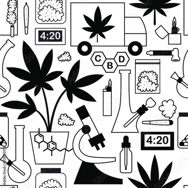 Obraz Vector marijuana cartoon seamless pattern. Smoking weed doodle seamless pattern.