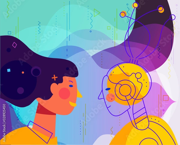 Fototapeta Concept banner with woman using his voice to command to the robot. Robotic voice assistant concept. Trendy bright linear illustration. At home and work, everywhere