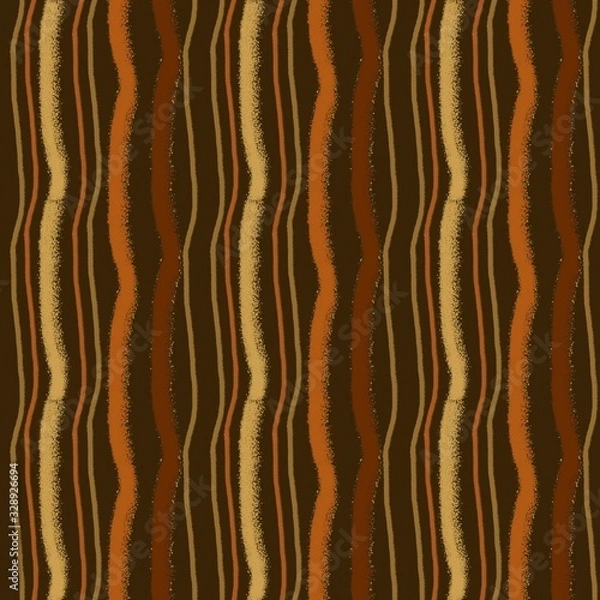 Fototapeta Watercolor seamless pattern of vertical curvy stripes of beige red and brown on a dark brown background...