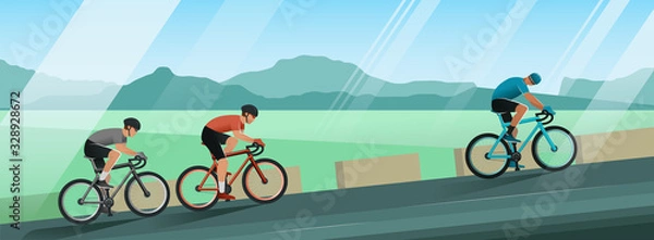 Fototapeta Cyclists ride uphill. Race among the mountains on a beautiful sunny day. Hilly terrain. The leader of the race looks back at the pursuers.
