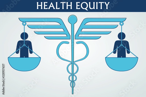 Fototapeta Health equity illustration vector. A design consisting of a caduceus symbol, balances, and human icons. Health and healthcare concept. Printable eps10 format.