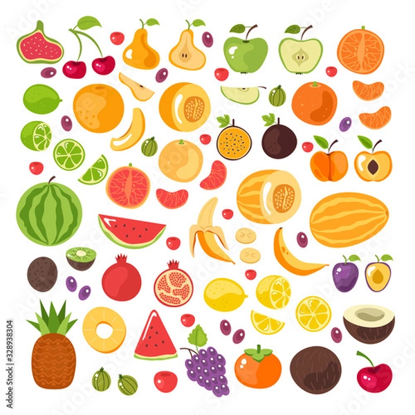Fototapeta Half slice cut and whole fruits isolated set.  Vector flat graphic design illustration