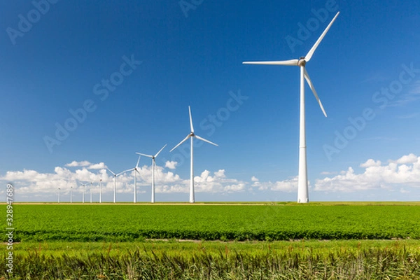 Fototapeta A long row of wind turbines emerging from green grass and against a summer blue sky with distant clouds