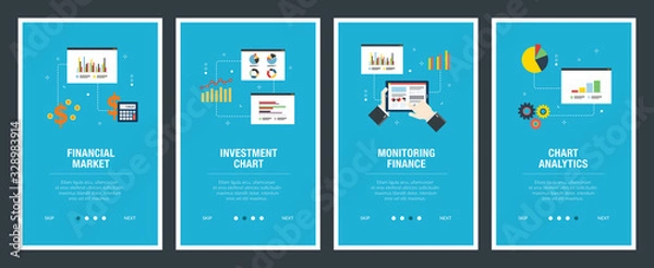 Fototapeta Internet banner set with financial market and investment chart icons.