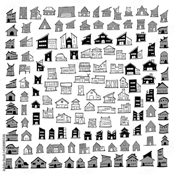Fototapeta Set of House Drawing illustration Hand drawn doodle Sketch line vector eps10