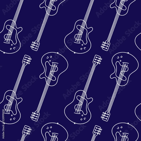 Fototapeta Guitar seamless pattern. Stringed musical instrument. Vector illustration of hand drawn acoustic guitar on a blue background
