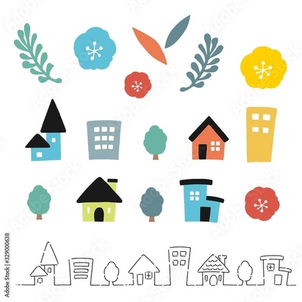 Obraz 手書き風　可愛い家と花のアイコンセット