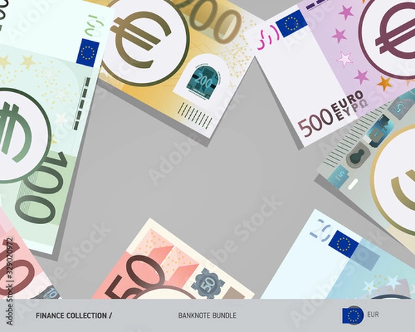 Fototapeta Euro banknotes set. Isolated on background. Cash of different nominal value. Vector illustration on the topic of finance.