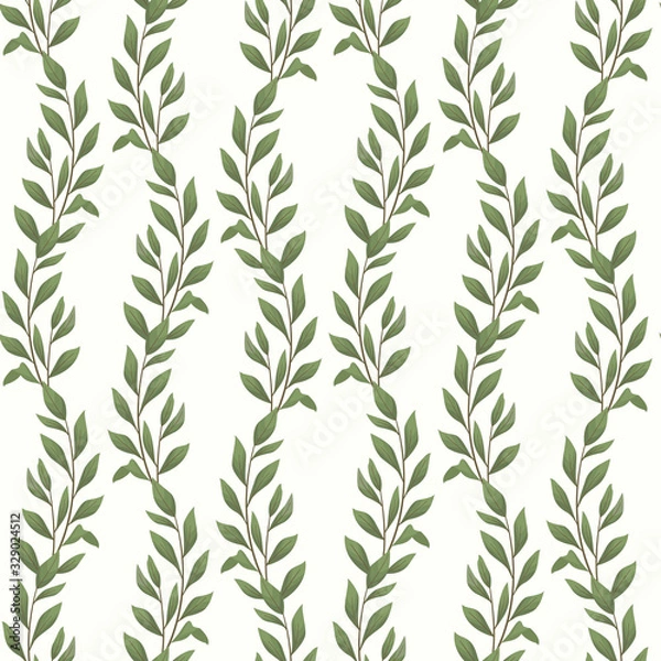 Fototapeta Vector seamless pattern with vertical bay leaf twigs; natural design for fabric, wallpaper, packaging, textile, web  design.