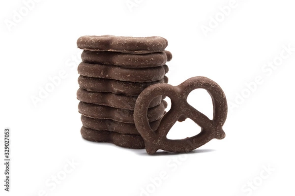 Obraz Pretzel with Chocolated biscuit flavored and coated chocolated cream on white background.
