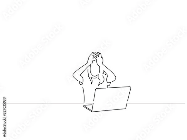 Fototapeta Woman using a laptop isolated line drawing, vector illustration design. Technology collection.