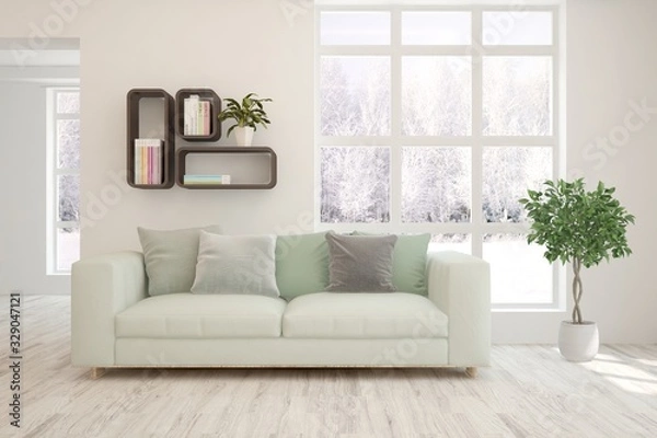Fototapeta Modern living room in white color with sofa and winter landscape in window. Scandinavian interior design. 3D illustration
