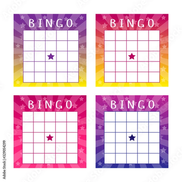 Obraz Collection of multicolored tickets for american bingo game. Fun templates with glowing background with stars. Vector illustration