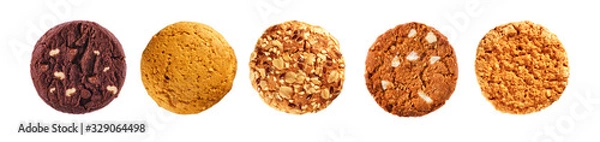Obraz Set of cookies isolated on a white background, top view. Oatmeal, chocolate, with sesame seeds cookies