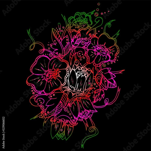Obraz Flower patern. Twisting elements, buds and leaves. Large inflorescences and branches. Freehand sketch. Bright outline on a black background.