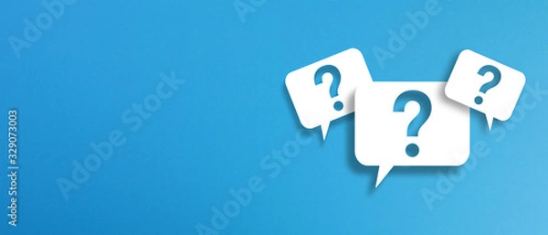 Fototapeta Question marks with speech bubbles on blue background	