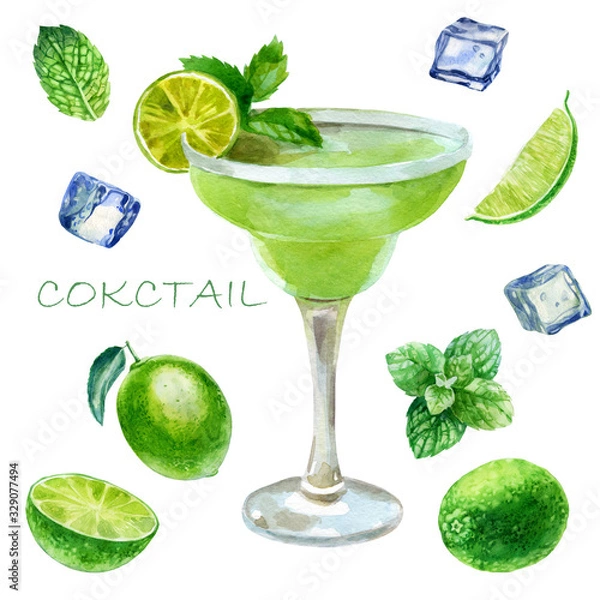 Obraz Watercolor illustration. Image of a glass with a margarita cocktail. Mint leaves, ice cubes for cocktails, lime, lime slices.