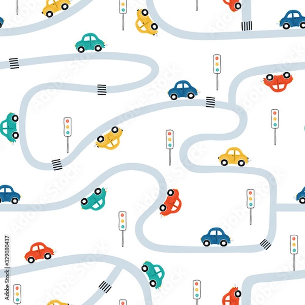Fototapeta Cute children's seamless pattern with mini cars on a white background. Illustration of a town in a cartoon style for Wallpaper, fabric, and textile design. Vector