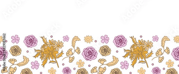 Obraz French Rose Border-Love in Parise Seamless Repeat Pattern. Romantic Background illustration border with Roses and Yellow weed in pink and yellow colors . Perfect for Fabric, Scrapbook, wallpaper.