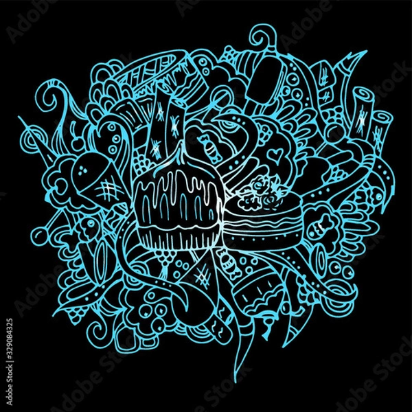Obraz Confectionery. Desserts in a convoluted pattern. Sweets for tea. Freehand sketch. Bright outline on a black background. Twisting elements.