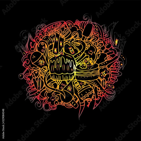 Obraz Confectionery. Desserts in a convoluted pattern. Sweets for tea. Freehand sketch. Bright outline on a black background. Twisting elements.