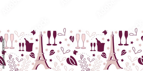 Obraz Romantic Vacation Border-Love in Parise seamless repeat pattern border with Eiffel tower champagne glass modern hearts and Lavender Flowers in pink maroon. Perfect for fabric, scrapbook, wallpaper.