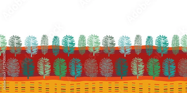 Obraz Forest at Noon Border-Virgin Forest seamless repeat pattern Border pattern of modern fern shapes lines in red green blue petrol,yellow and orange .Perfect for fabric, scrapbook,wallpaper.