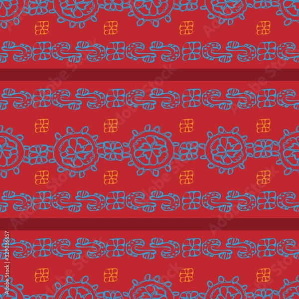 Obraz Colorful Lace -Geometric Modern Flowers seamless repeat pattern background. Modern pattern of laces flowers shapes & stripes in red,blue,maroon & orange . Perfect for fabric, scrapbook, wallpaper.