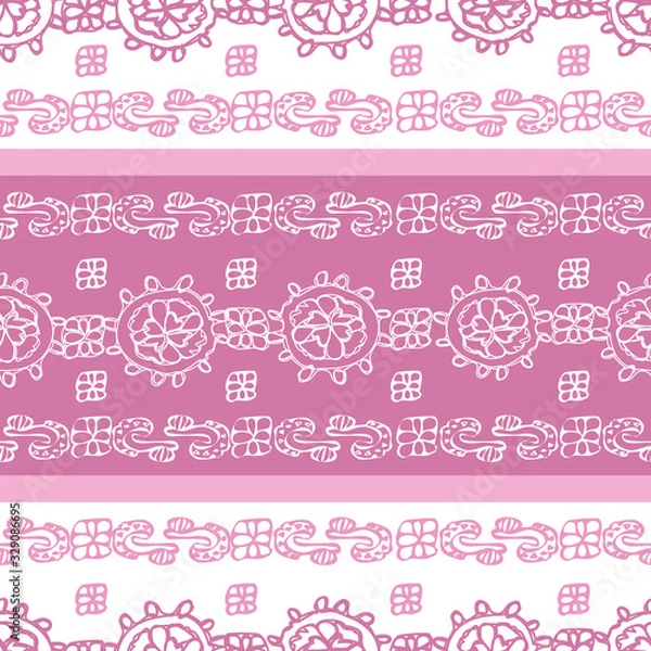 Fototapeta Pink Lace -Geometric Modern Flowers seamless repeat pattern background. Modern pattern of laces flowers shapes stripes in pink and white . Perfect for fabric, scrapbook, wallpaper.